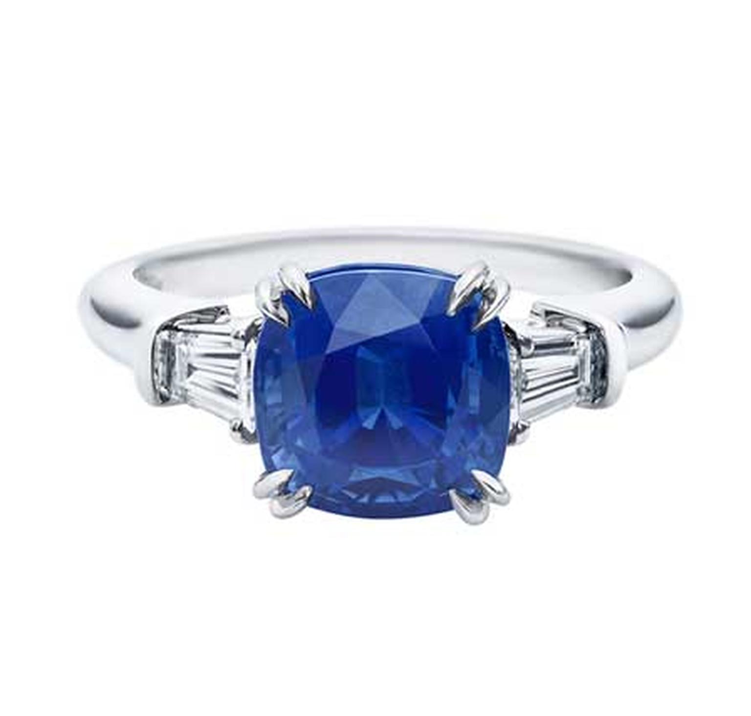 Harry Winston Classic Winston cushion-cut sapphire engagement ring in platinum, set with a 3.62ct sapphire with tapered baguette diamond side stones.