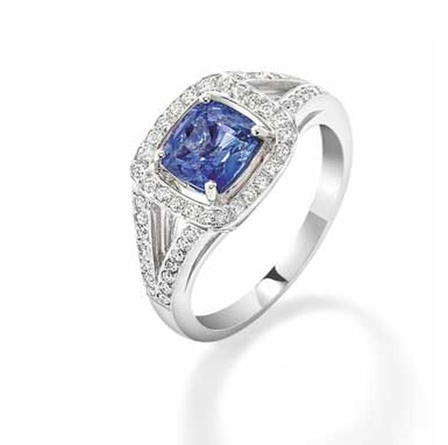 Robinson Pelham Mini Max sapphire engagement ring with a central cushion-cut sapphire and diamonds (available to order).