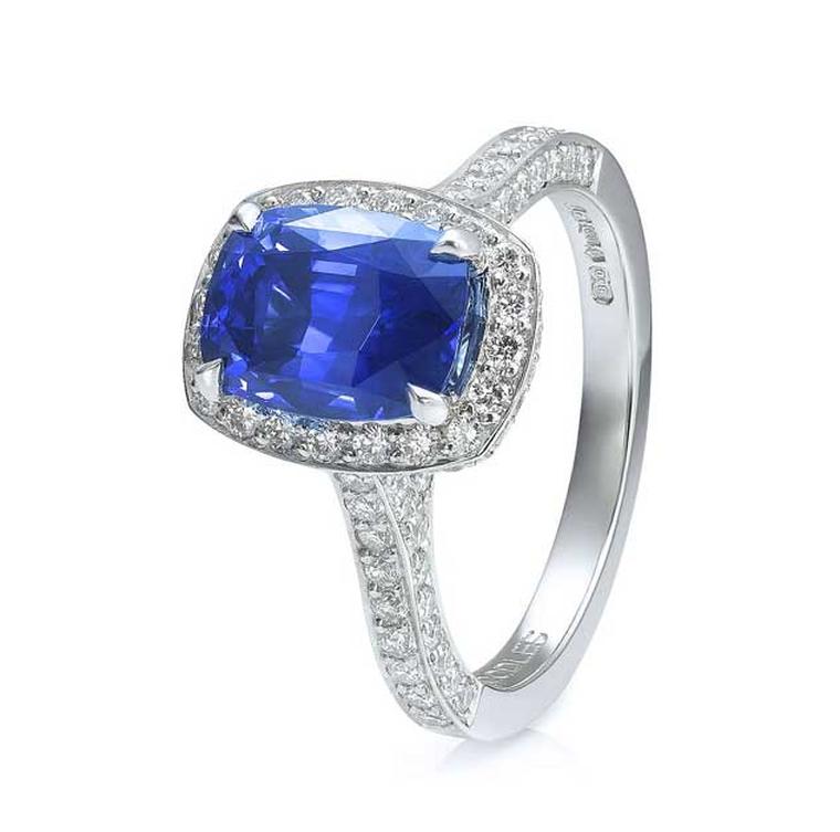 Boodles Vintage cushion-cut sapphire engagement ring in platinum with diamonds (from £17,000).