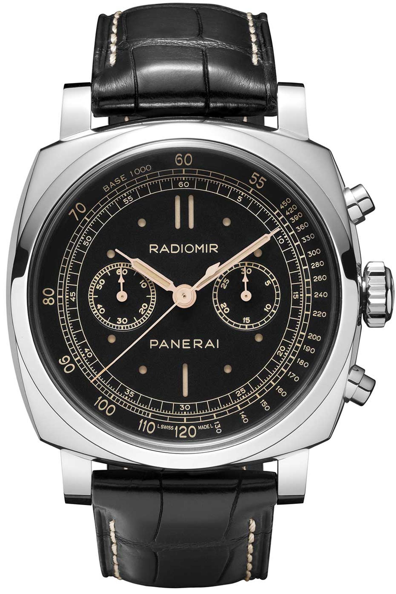 Panerai's Radiomir 1940 Chronograph watch features a large 45mm white gold cushion-shaped case.