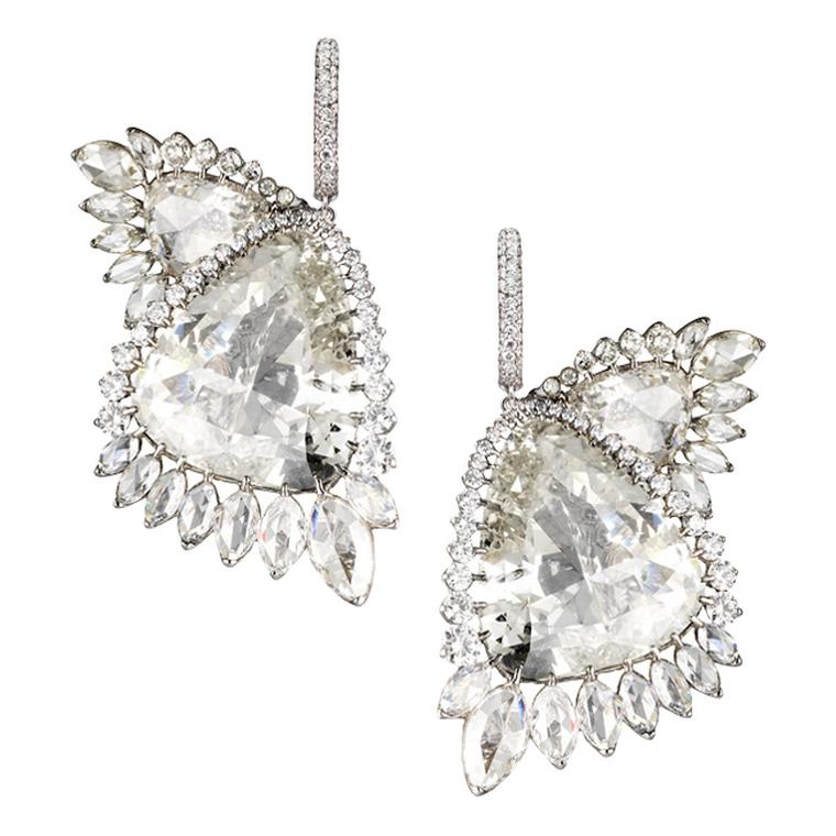 Boghossian Butterfly Wing earrings are made up of two pairs of perfectly symmetrical fancy-cut diamonds, surrounded by brilliant-cut and dazzling pear-cut diamonds as they fan out around each wing.