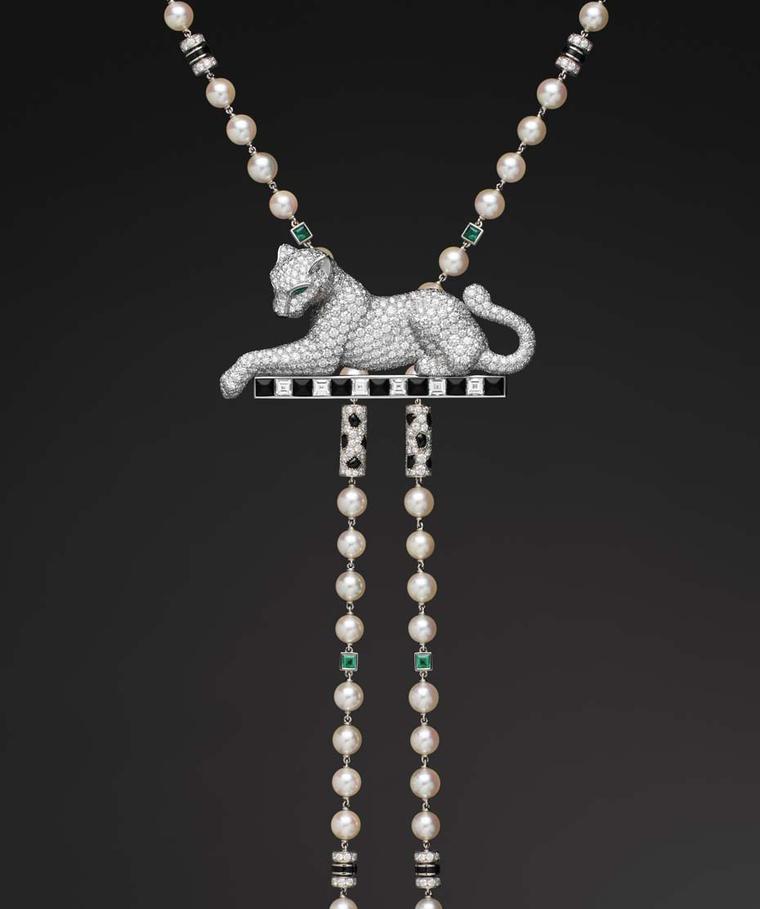 Cartier Panthère de Cartier collection platinum necklace with cultured pearls, onyx, emeralds and diamonds.