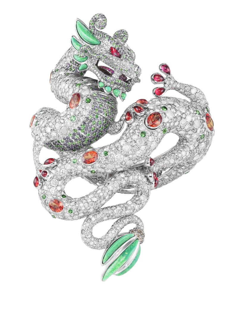 Harumi Klossowska for Chopard Dragon bracelet features rubies, diamonds, emerald and turquoise and fuses the major cultural symbols of the Chinese dragon with the Aztec plumed serpent.