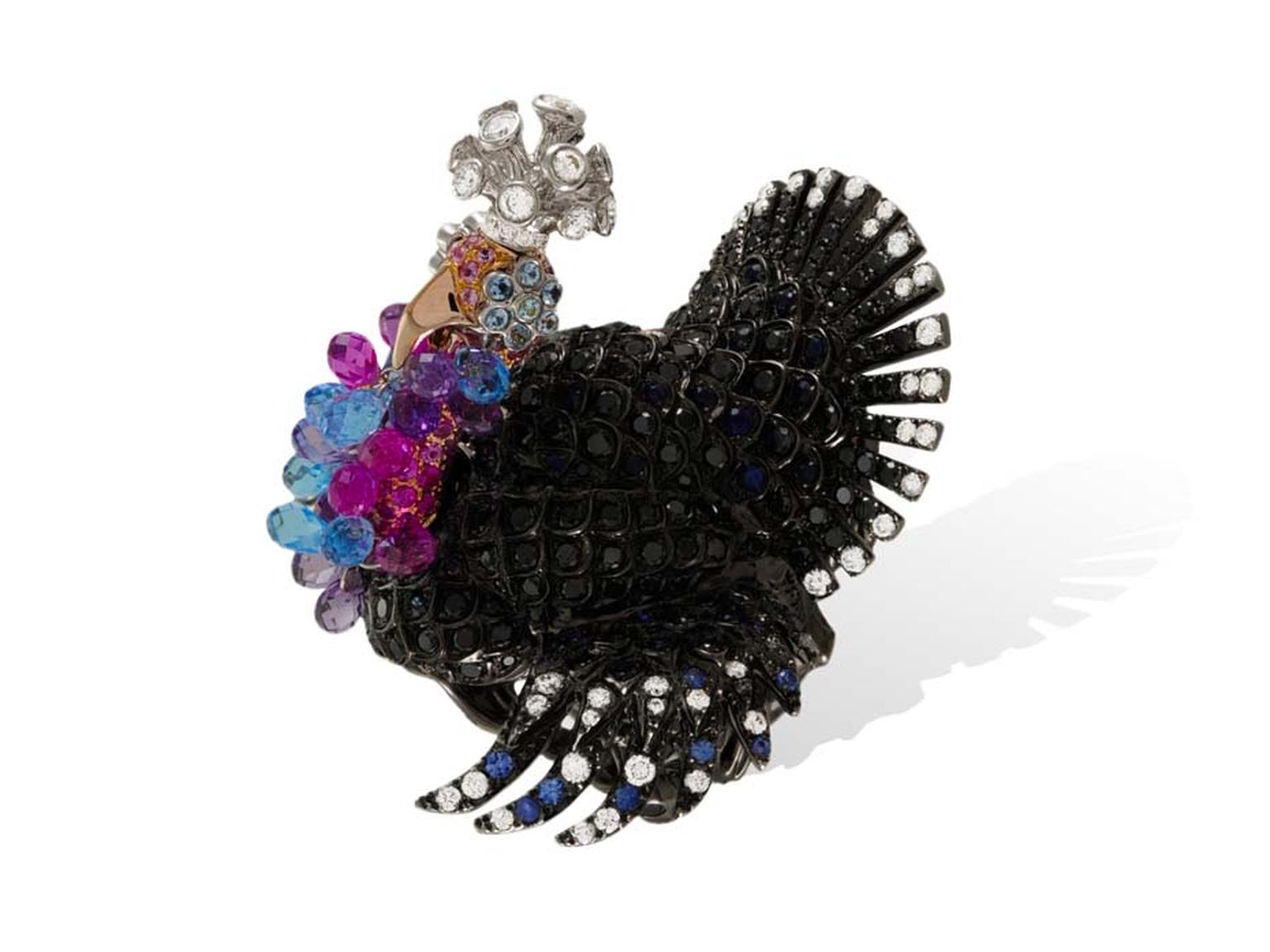 Lydia Courteille Turkey ring in blackened gold from the Animal Farm collection, set with black and white diamonds, topaz and amethyst.