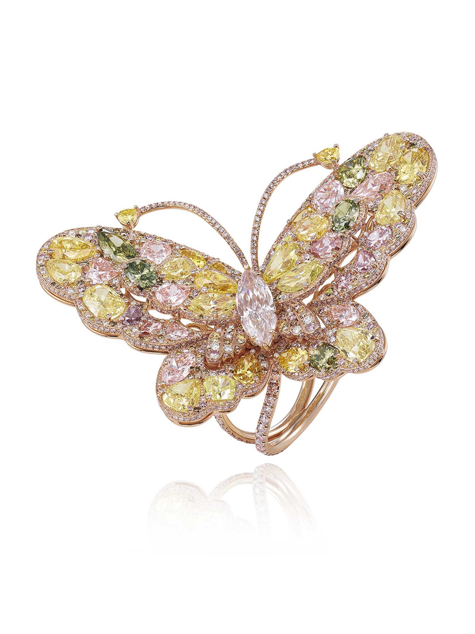 Chopard 2014 Red Carpet Collection rose gold butterfly ring featuring pink, yellow and white diamonds.