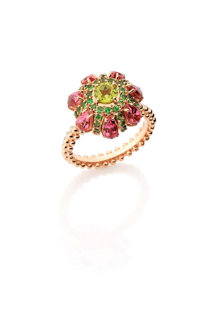 Carla Amorim rose gold Vitral ring with peridot, tsavorite and pink tourmaline.