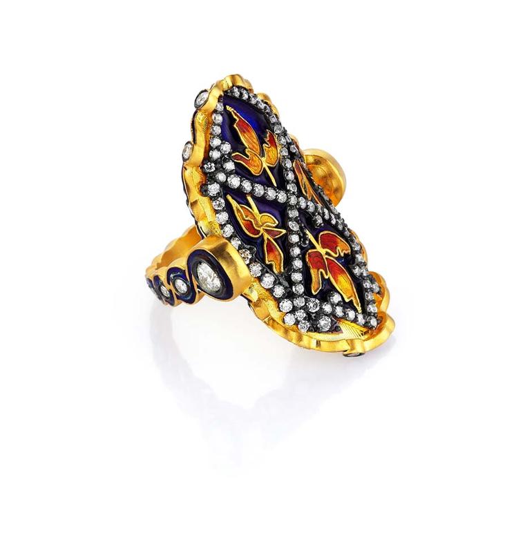 Pinar Oner gold Gezi ring with diamonds and floral enameling.