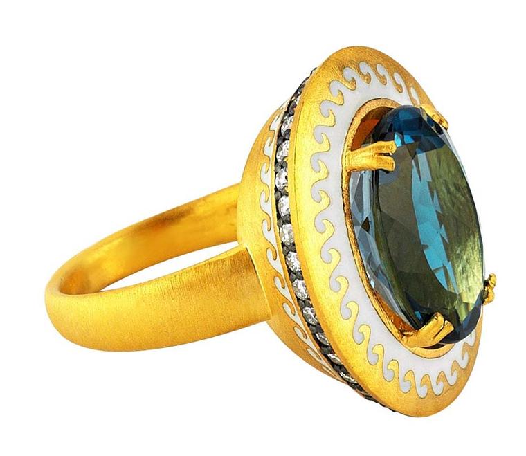 Pinar Oner Ionian collection enameled Mermaid ring in yellow gold set with a London blue topaz.
