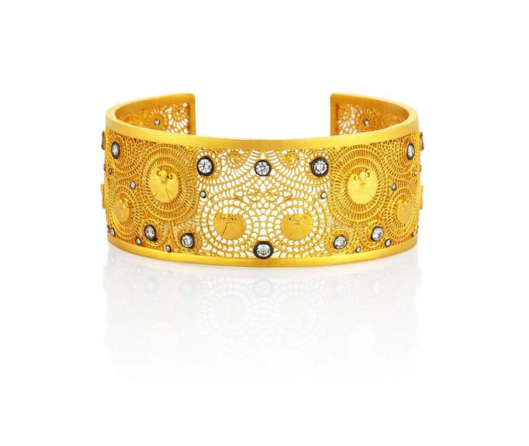 Pinar Oner Agape gold cuff with diamonds.