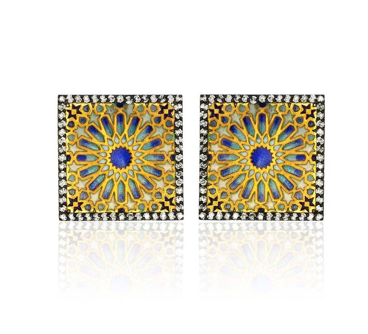 Pinar Oner Euphoria Earrings in yellow gold with diamonds and enameling.
