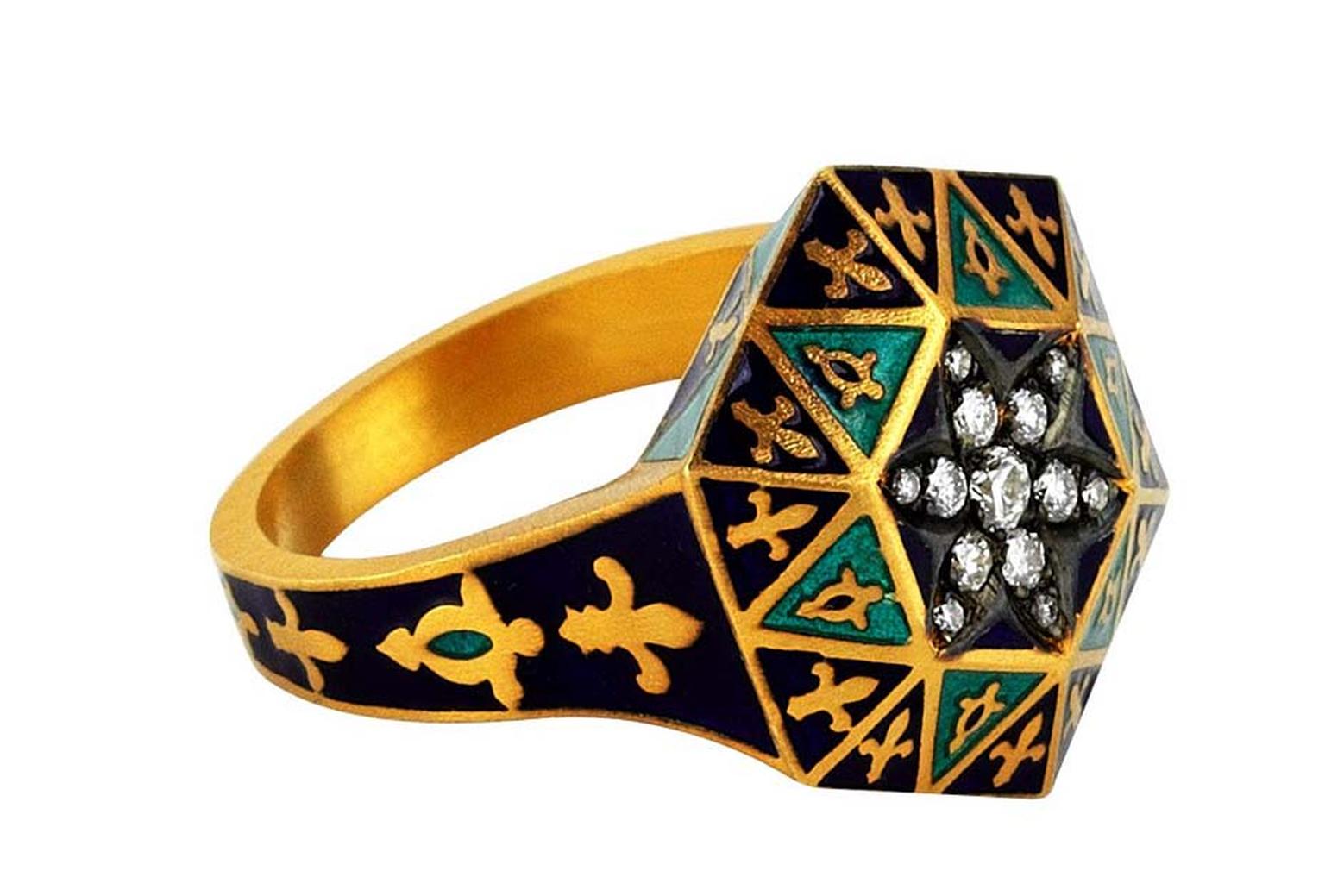 Pinar Oner Symbolism ring from the Byzantine Art collection in yellow gold with diamonds and enameling.