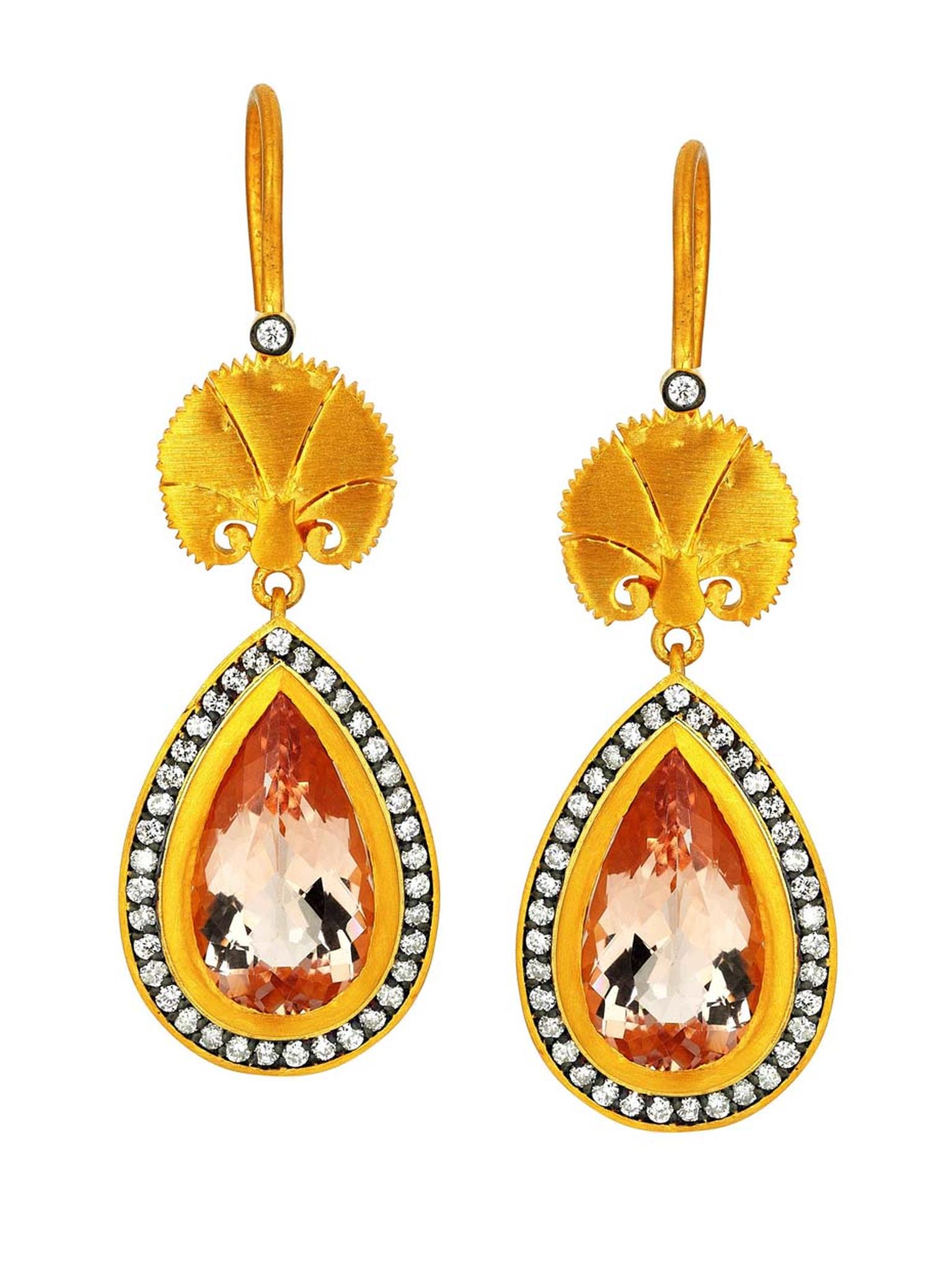 Pinar Oner Wish earrings from the Ottoman Designs collection in yellow gold with diamonds and morganite.