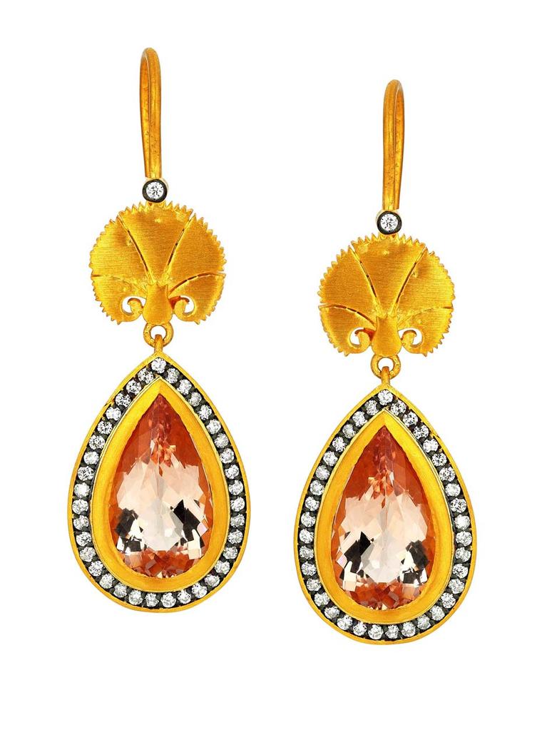 Pinar Oner Wish earrings from the Ottoman Designs collection in yellow gold with diamonds and morganite.