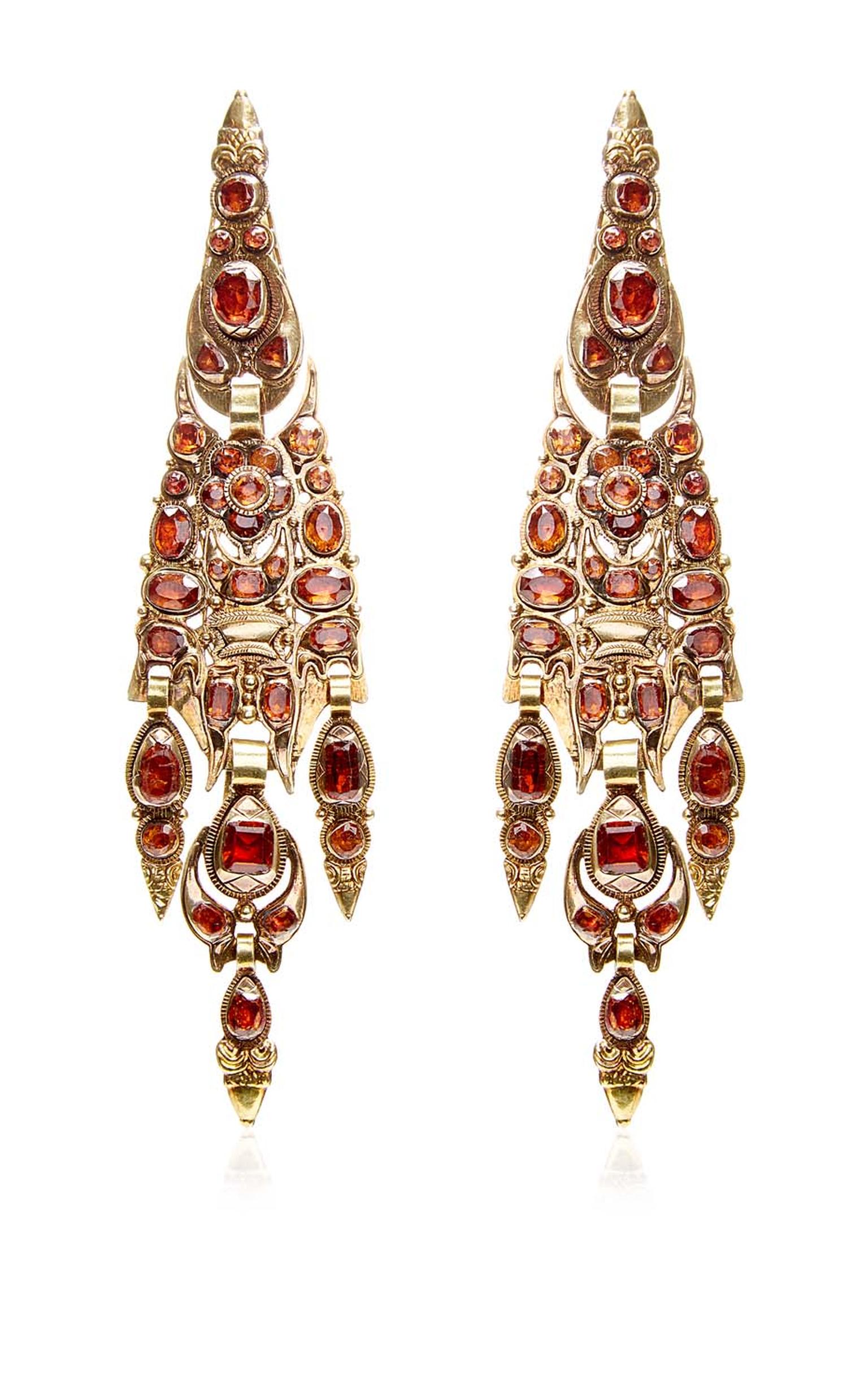 FD Gallery's Catalan garnet earrings with a floral motif that date from the late 19th century. Available online at Moda Operandi.