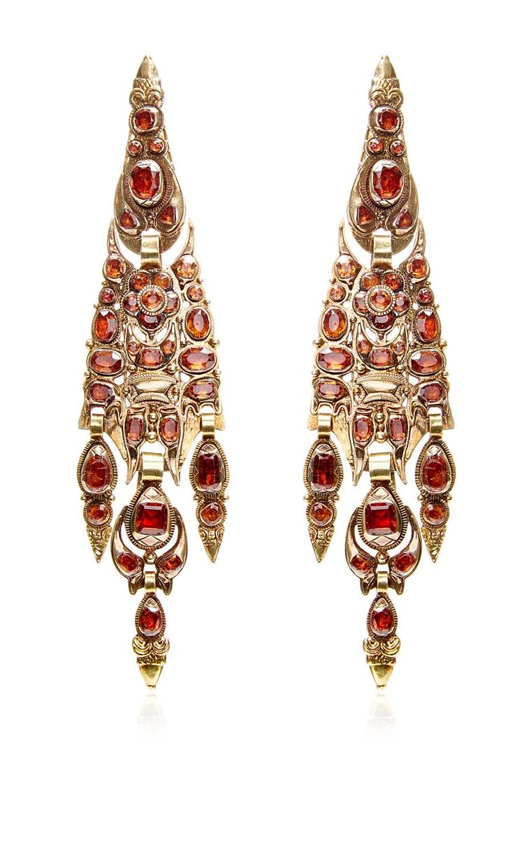 Catalan garnet earrings with a floral motif that date from the late 19th century. Available at Moda Operandi.