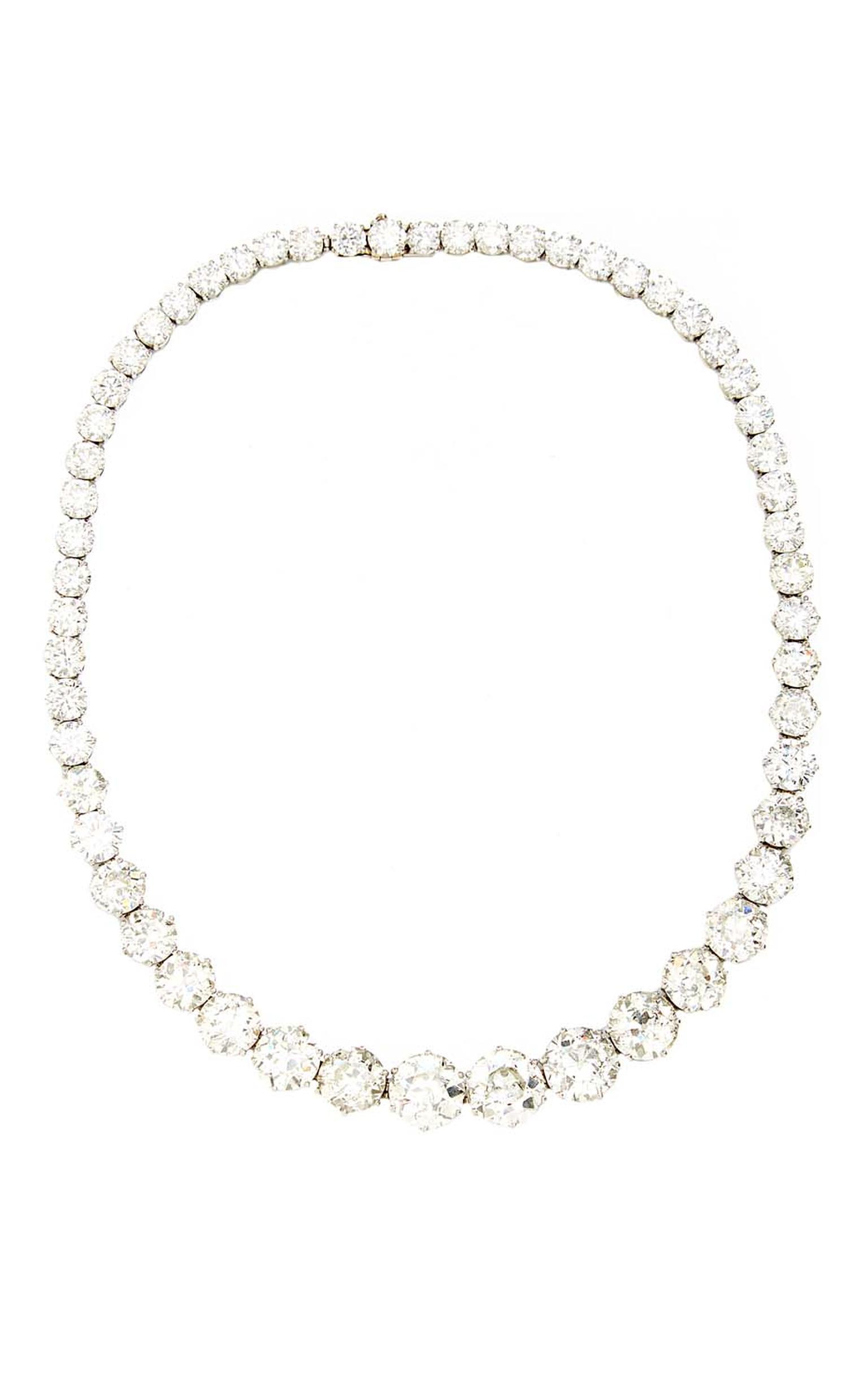 FD Gallery's Bulgari diamond and platinum necklace was commissioned in 1958. Designed rivière-style to appear like a single flowing stream of diamonds about the neck, it was made for Helene Propper de Callejón. $750,000 at Moda Operandi.