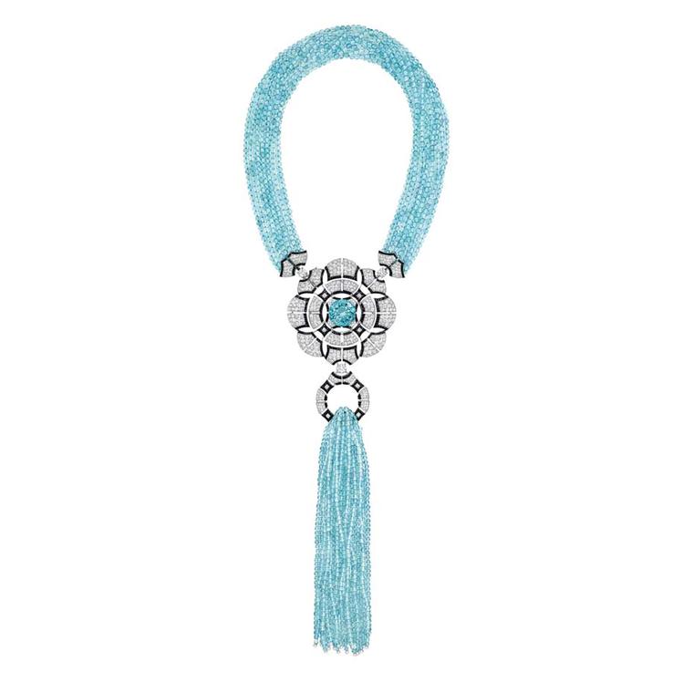 Chanel Café Society Cruise necklace set with a 28.30ct brilliant-cut aquamarine, diamonds, aquamarine beads and black spinels.