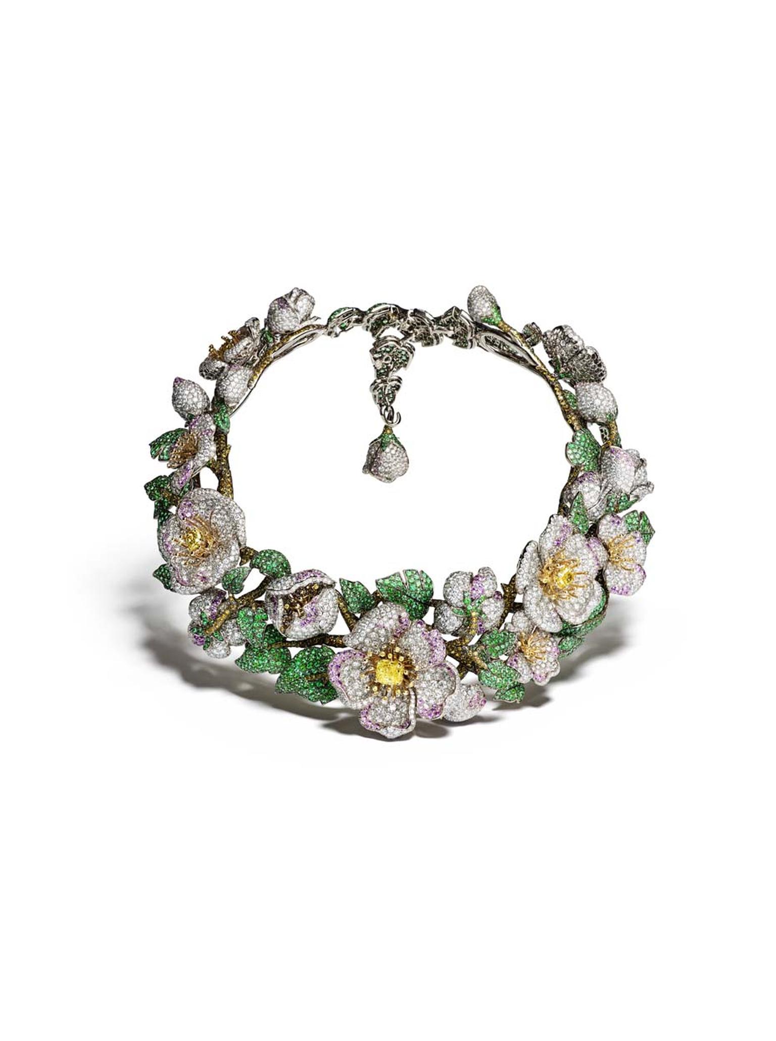 Giampiero Bodino Primavera necklace in white and yellow gold, set with five intense and vivid yellow diamonds, white, grey, yellow and cognac diamonds, pink sapphires and emeralds. Image by: Laziz Hamani