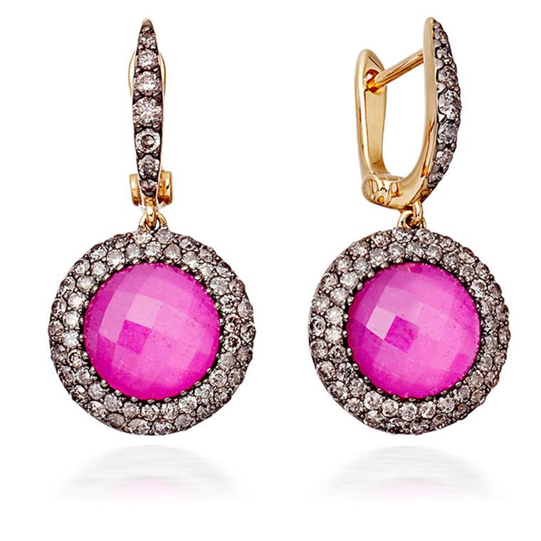 Astley Clarke Mini Connie earrings with slices of ruby illuminated by a chequerboard-cut quartz top layer and surrounded by a double halo of pavé grey diamonds set on black rhodium-plated yellow gold.