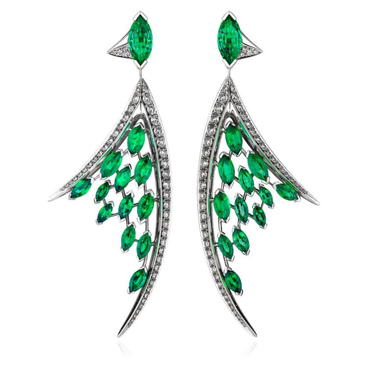 Shaun Leane's Aerial earrings feature two marquise-cut Gemfields' Zambian emeralds from which descend two fluid lines of white diamonds leaving a scattering of emeralds in their wake.