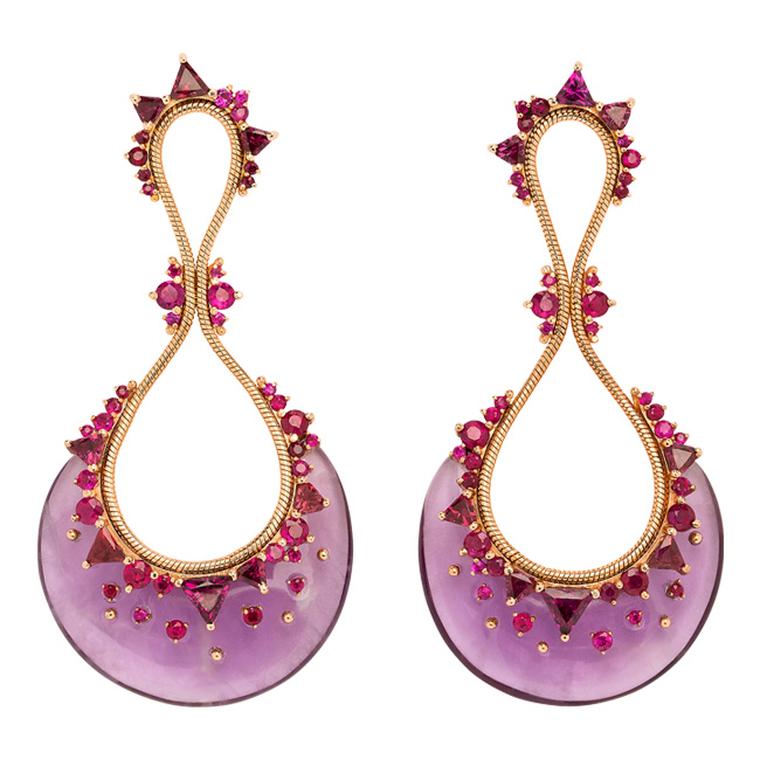 Fernando Jorge Fusion earrings featuring lilac rhodolite interspersed with tonal amethysts and rubies.
