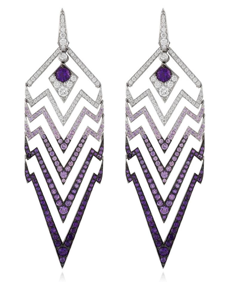 Stephen Webster Lady Stardust chandelier earrings in white gold featuring geometric zigzags with white diamonds turning into ever deepening purple amethysts for a dramatic dip-dye effect.