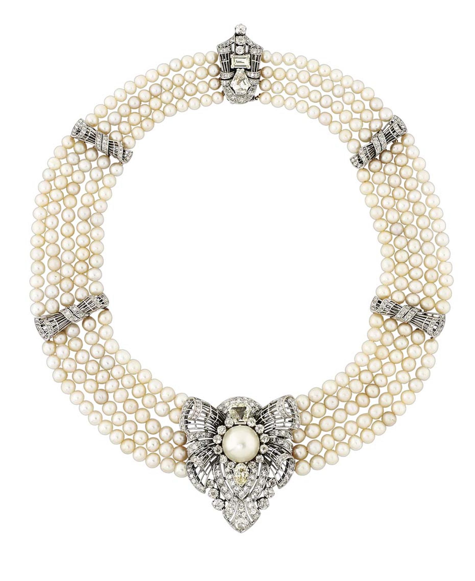 This five-strand natural pearl necklace with a central diamond-set pendant that can be removed and worn as a brooch, sold for £182,500 (estimate: £80,000-100,000) sold at Christies in November 2014.