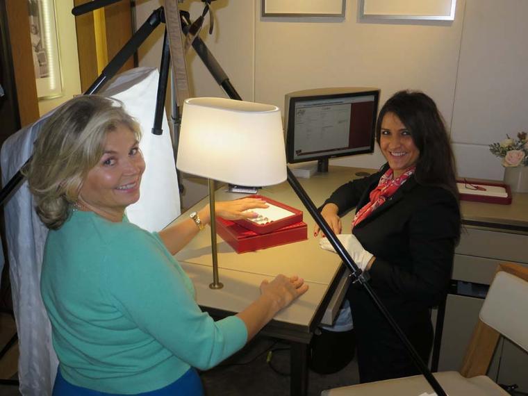 All hands on deck as we work on the Cartier engagement ring shoot at Selfridges in London. Here Maria Doulton is with bridal expert Mariana Rodriguez.