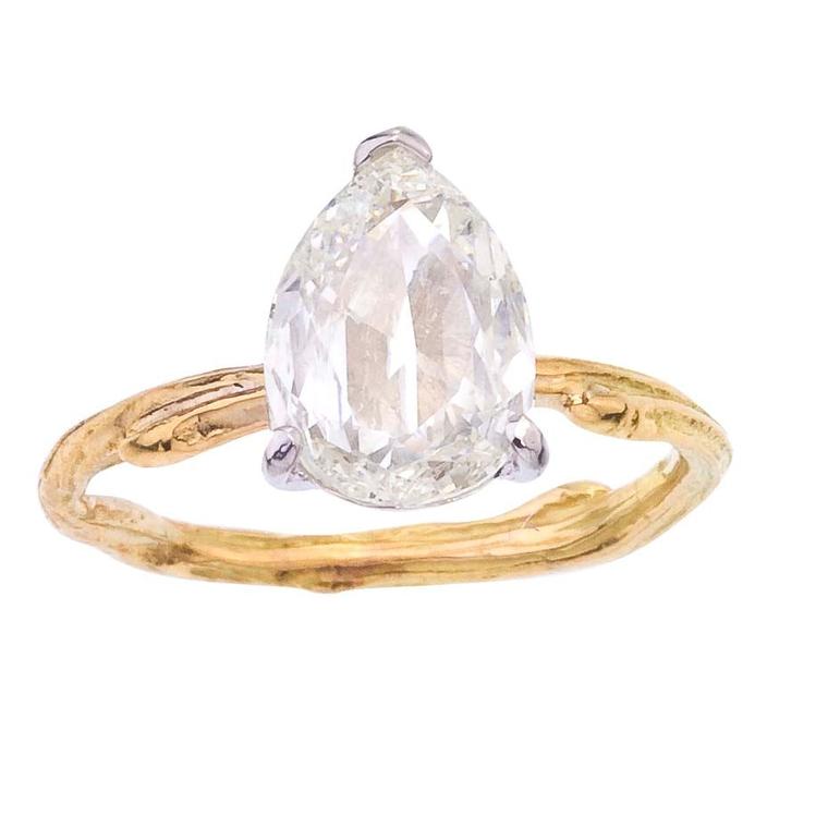 Barbara Michelle Jacobs pear-shaped diamond engagement ring, available with either a recycled yellow, white or rose gold twig band.