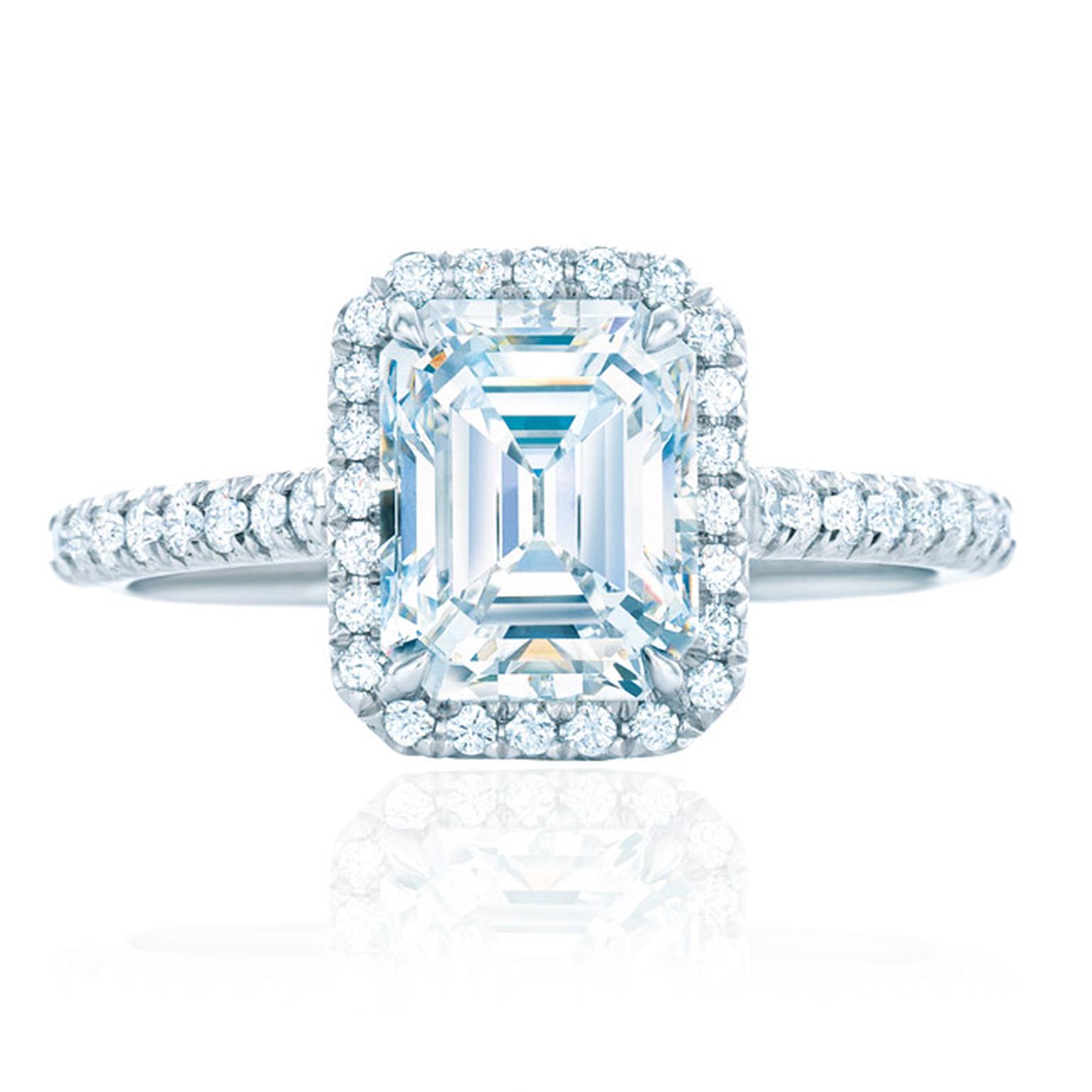 Tiffany Soleste emerald-cut diamond engagement ring featuring bead-set diamonds surrounding the central diamond and encircling the band (available from 0.25ct to 2.5ct).