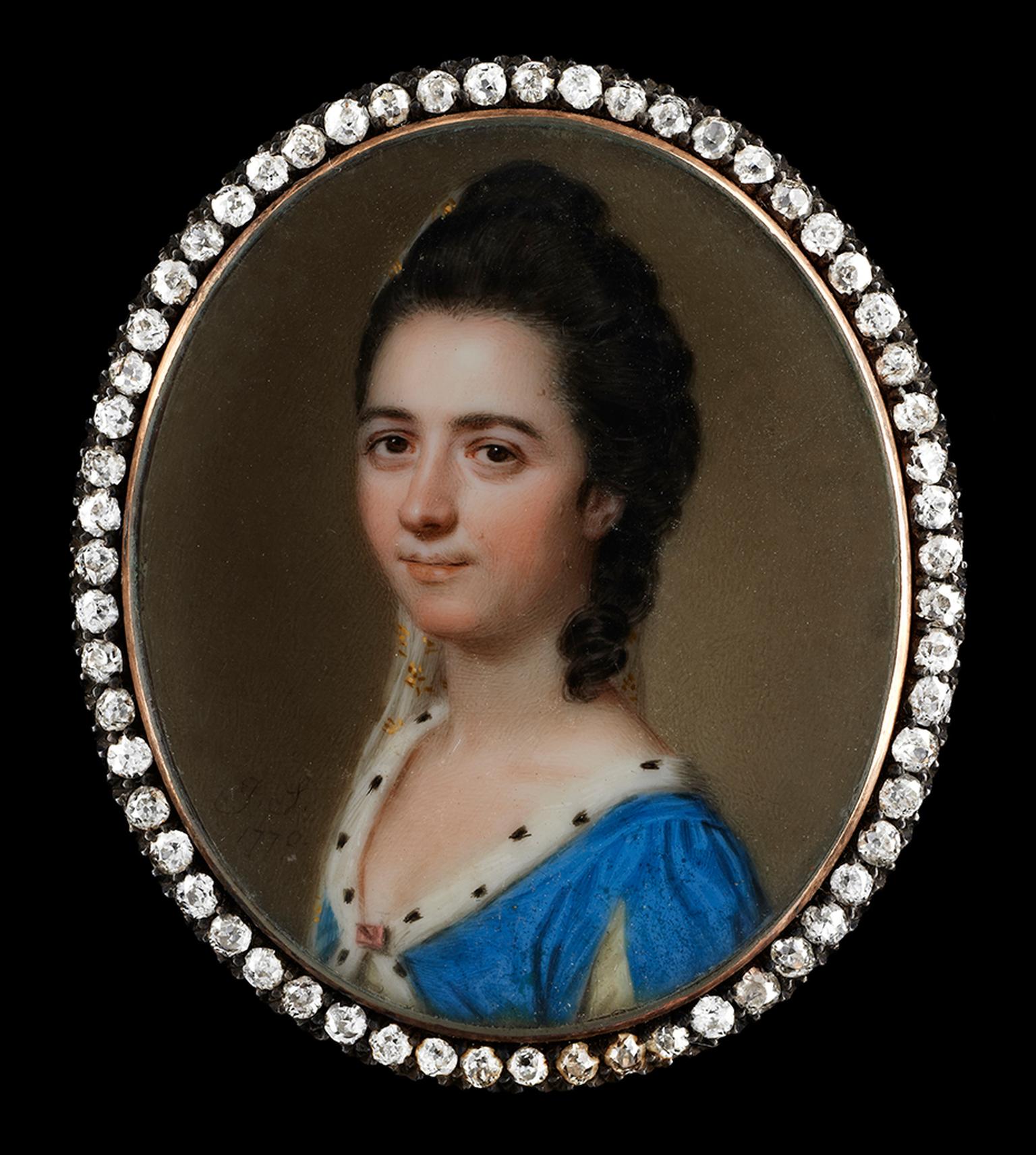 John Smart portrait miniature surrounded by diamonds with a lady identified as "Miss Byron" wearing an ermine-trimmed blue dress. Image by: Philip Mould & Company.