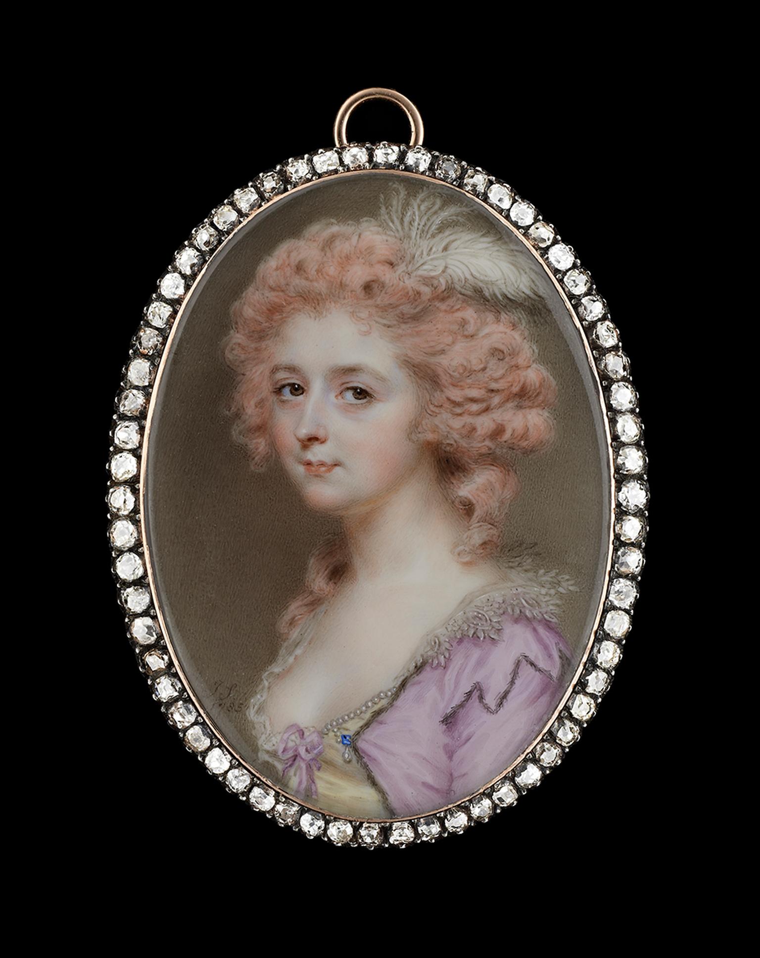 John Smart diamond encrusted miniature depicting a lady wearing a dress with a jewelled pearl and sapphire clasp. Image by: Philip Mould & Company.