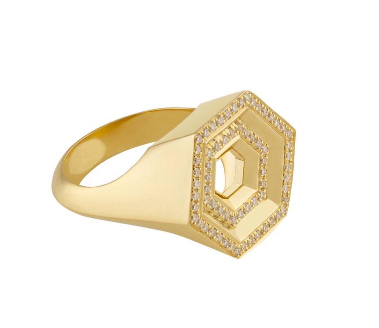 Noor Fares Hex Step multi-level ring crafted from yellow gold and set with white diamonds.