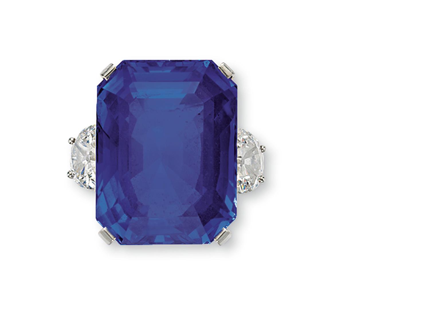 Christie’s New York sold the 63.65ct Ceylon sapphire and diamond ring by Tiffany & Co. for $587,000.