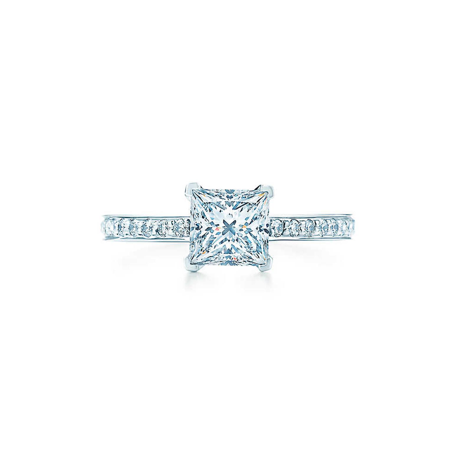 Tiffany & Co. Grace princess-cut diamond engagement ring with a diamond pavé band (from £9,850).