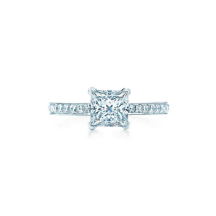 Tiffany & Co. Grace princess-cut diamond engagement ring with a diamond pavé band (from £9,850).