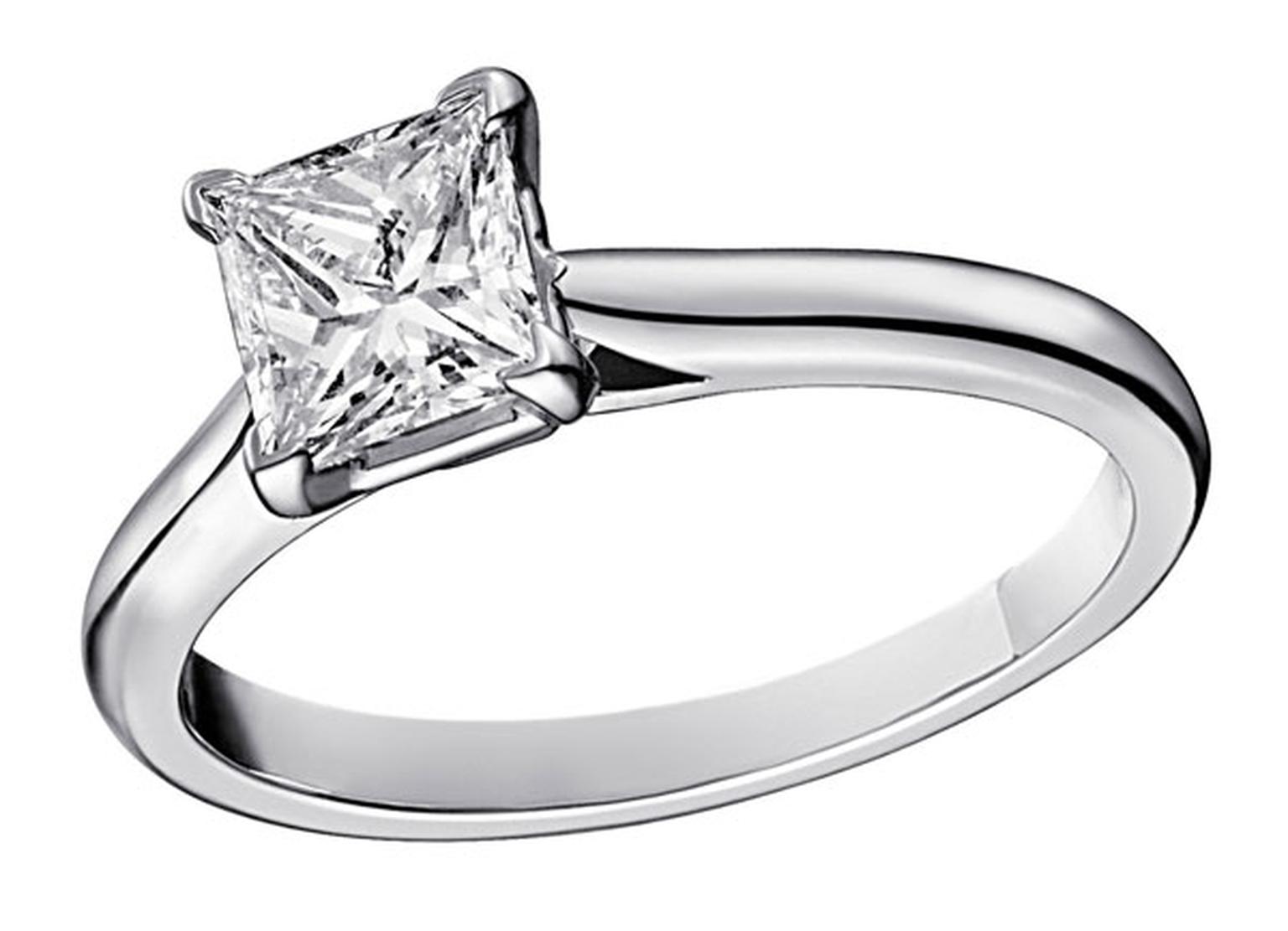Cartier Solitaire 1895  diamond engagement ring set in platinum with a central princess-cut diamond.