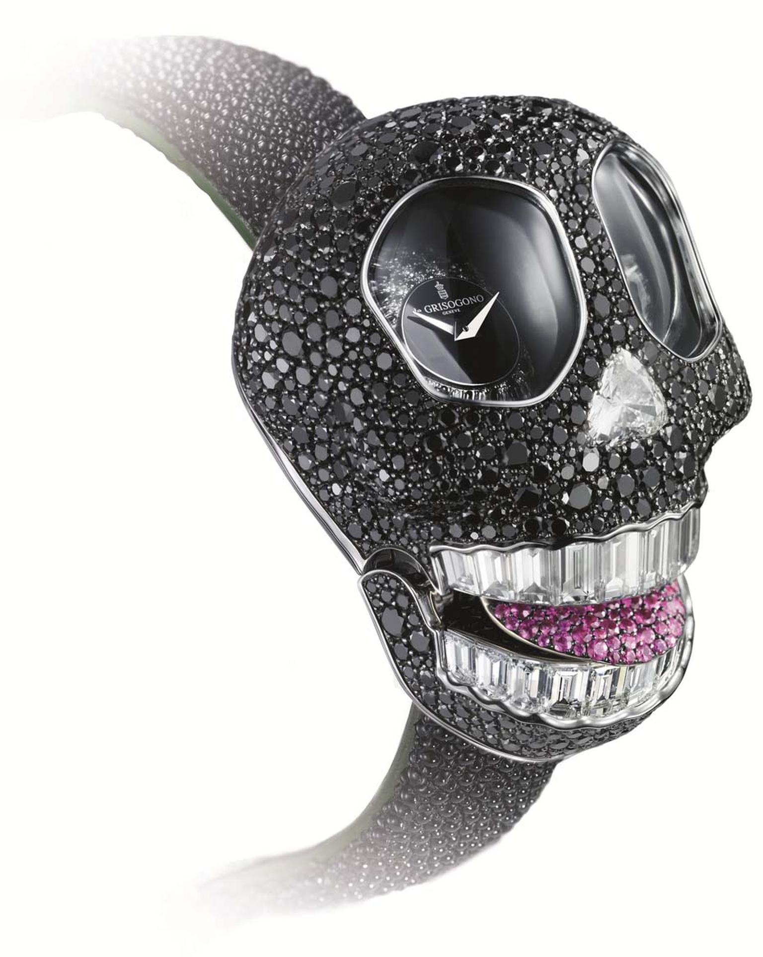 The new de GRISOGONO Crazy Skull watch features a snow-set skull with 890 black diamonds and 7.70ct of baguette-cut teeth, which smile to reveal either a ruby or pink sapphire encrusted tongue.