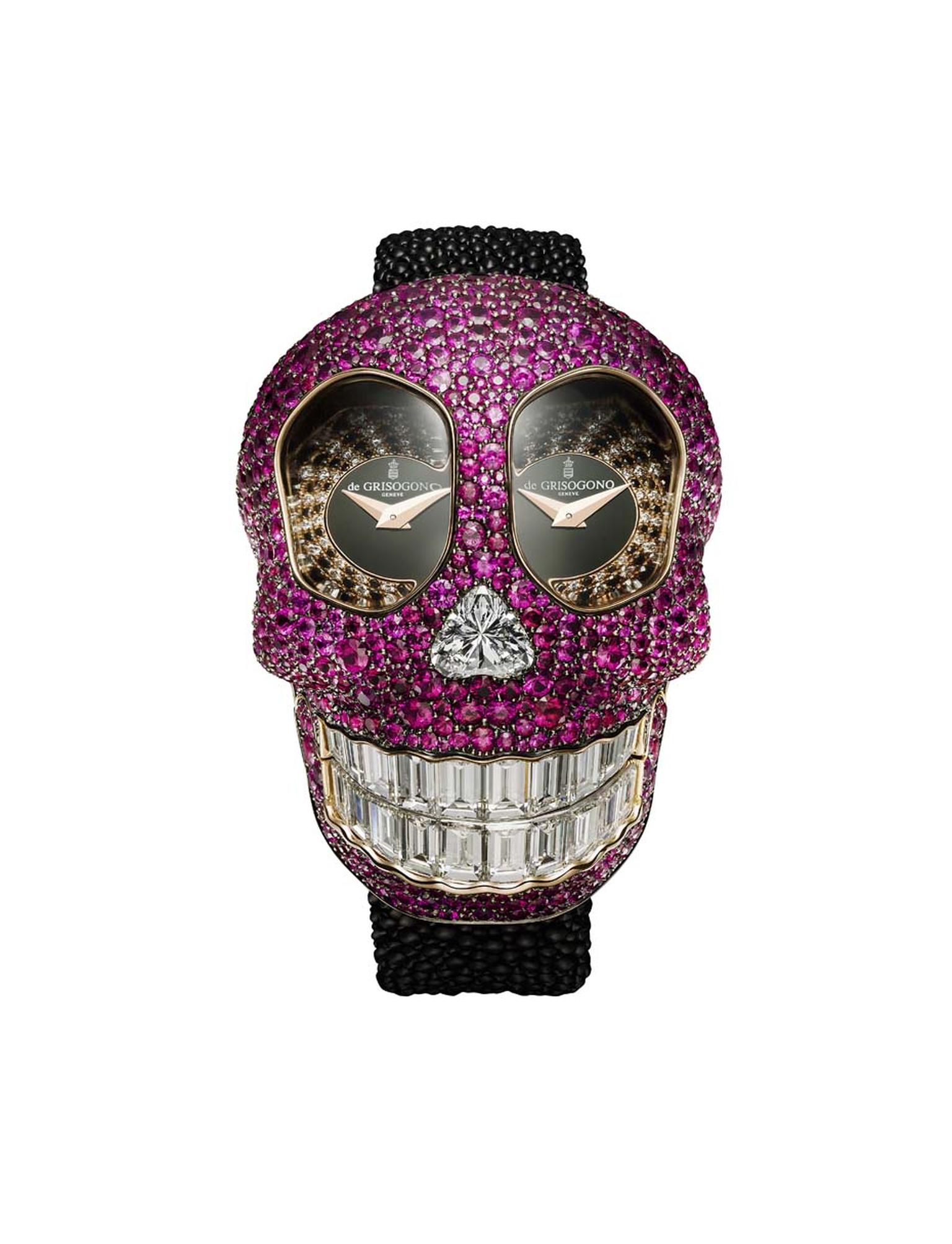 The cavernous eye wells of de GRISOGONO's new Crazy Skull high jewellery watch are set with a hypnotic spiral of black and white diamonds, which draw the eye to the two separate dials - a clever way to display the dual time zones.