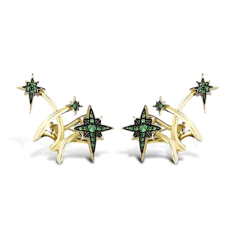 Venyx Lady Australis tsavorite ear cuffs in yellow gold and black rhodium.