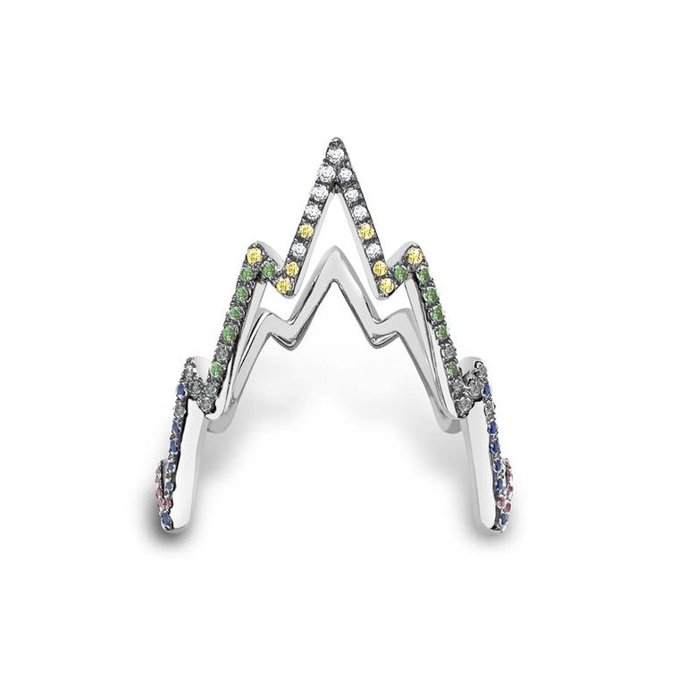 Venyx white gold Miss Zeus ring with coloured diamonds.