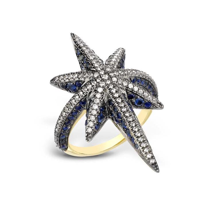Venyx Star ring with blue sapphires and diamonds.
