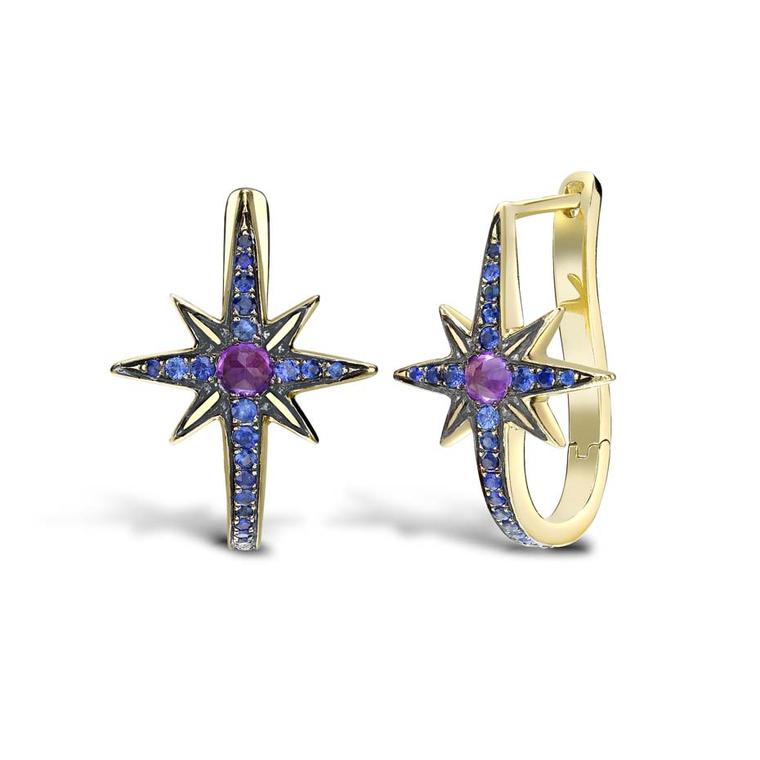 Venyx Star sapphire and amethyst earrings in yellow gold, from the new Theiya collection.