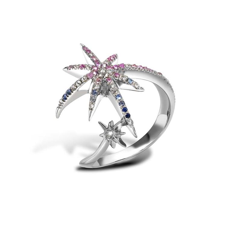 Venyx white gold Meteoryx Aurora ring with fancy sapphires and diamonds.