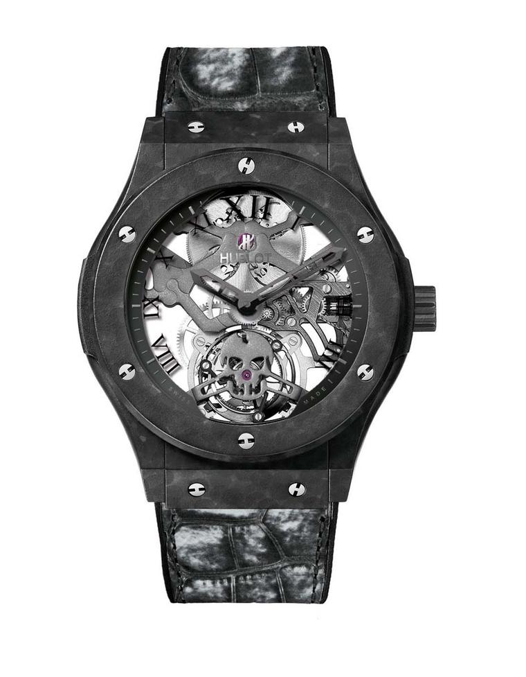 Hublot’s Classic Fusion Tourbillon Skull watch features a 45mm case made of lightweight ceramic-coated aluminium and, in the quest for lightness, the manual-winding movement has been elaborately skeletonised, shaving off any superfluous parts.