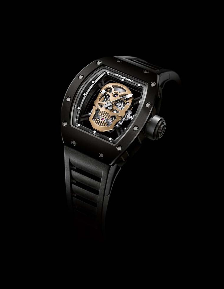 Richard Mille's RM 52-01 Skull watch has been sculpted in red gold and housed in a case made from nano-ceramic. This high-tech material is highly resistant to scratches and resilient to blows to protect the manual winding tourbillon movement nestled insid