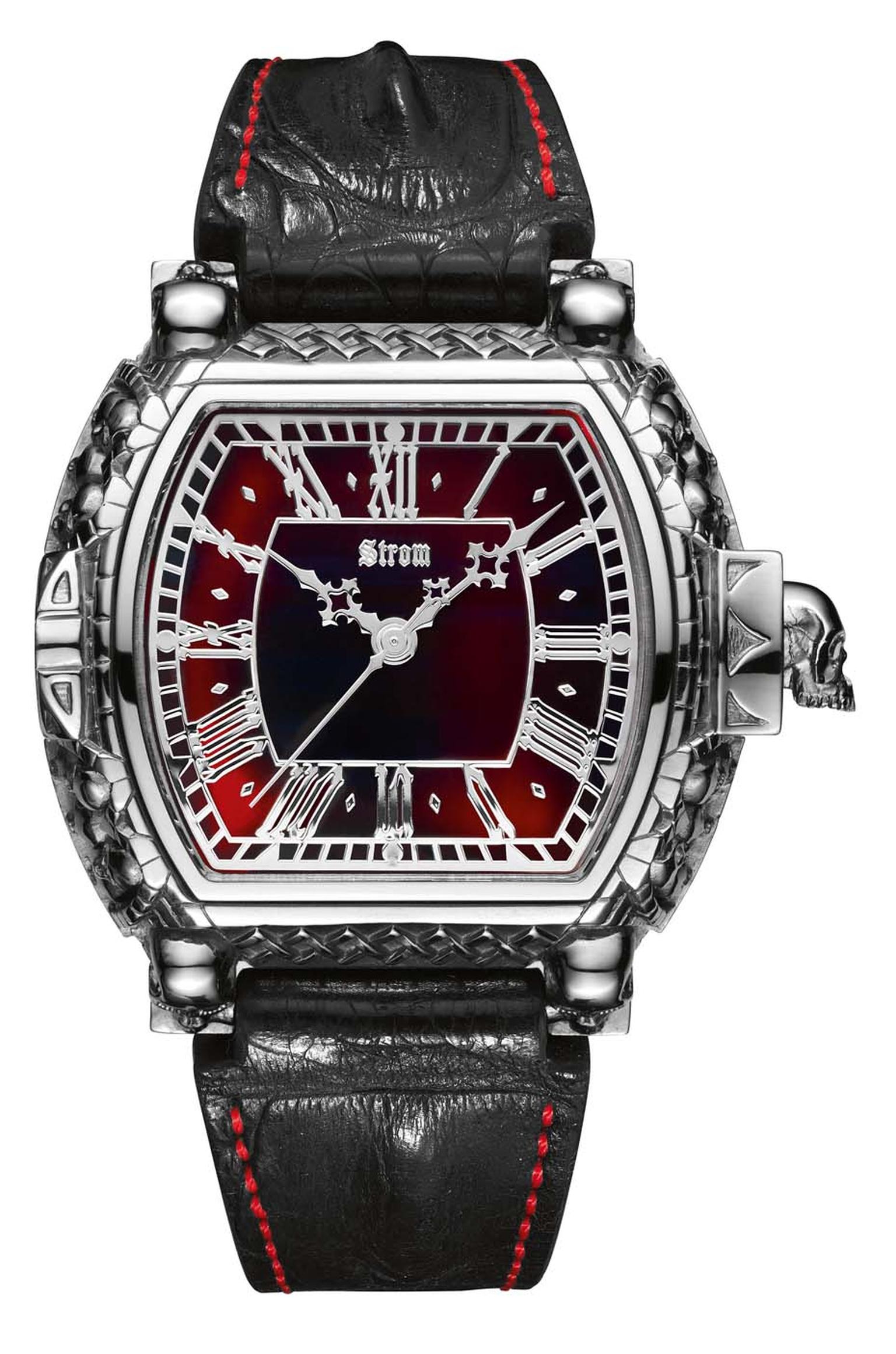 Strom watches has released the Memento Mori, Carpe Noctem watch featuring miniature skulls with ruby-encrusted eyes sculpted into the silver case.
