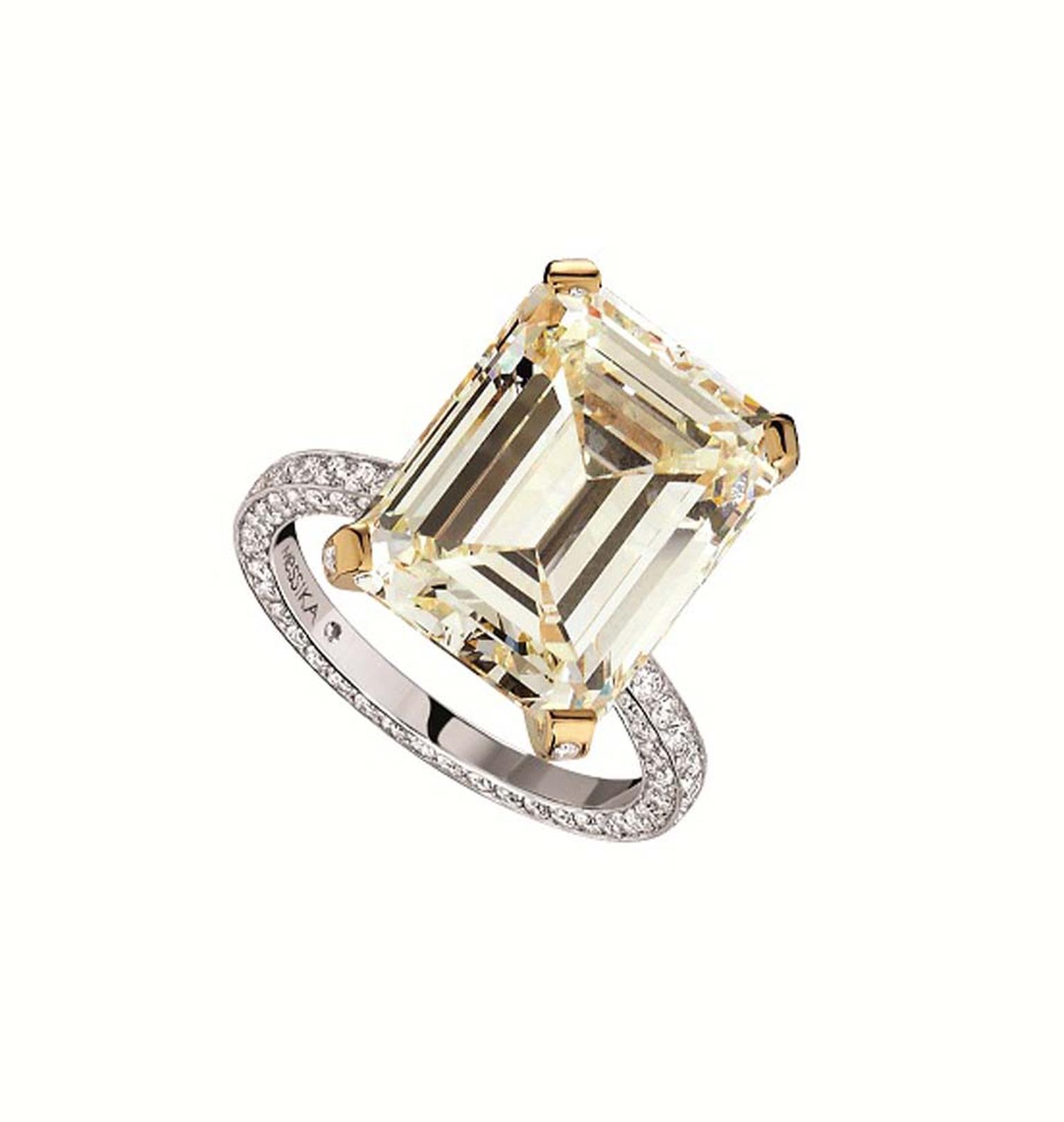 Messika 11.73ct emerald-cut yellow diamond engagement ring with a white diamond pavé band (£POA).