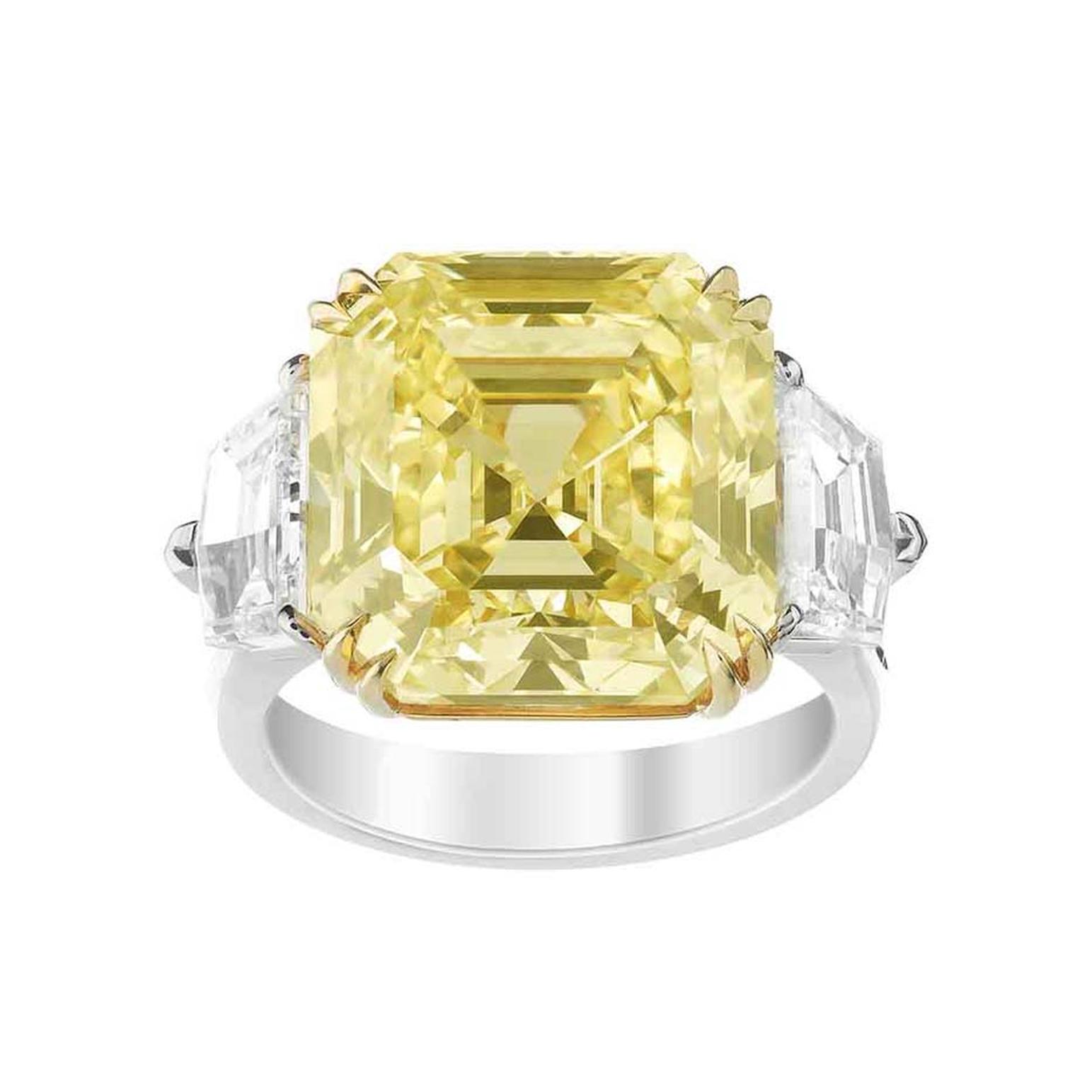 Boucheron Jaune Imperial 15.00ct emerald cut yellow diamond engagement ring in white gold and platinum flanked by two colourless diamonds (£POA).