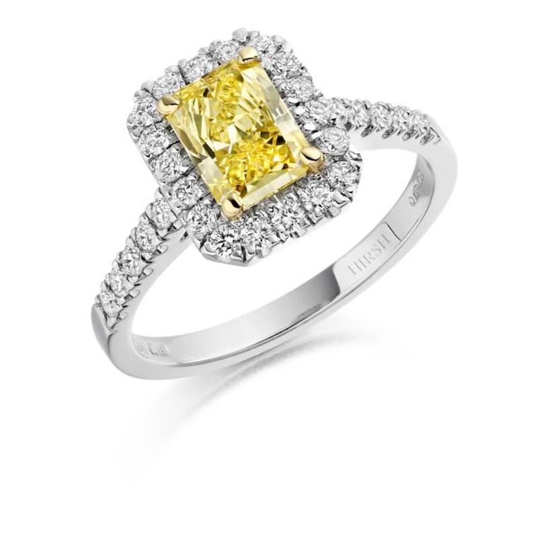 Hirsh Regal yellow diamond engagement ring with a 1.01ct radiant-cut natural Fancy Vivid yellow diamond set in platinum surrounded by brilliant-cut diamonds (£25,000).